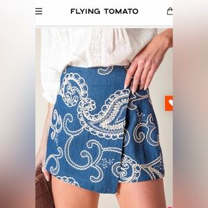 Flying Tomato Embroidered Blue and Cream Paisley Skort